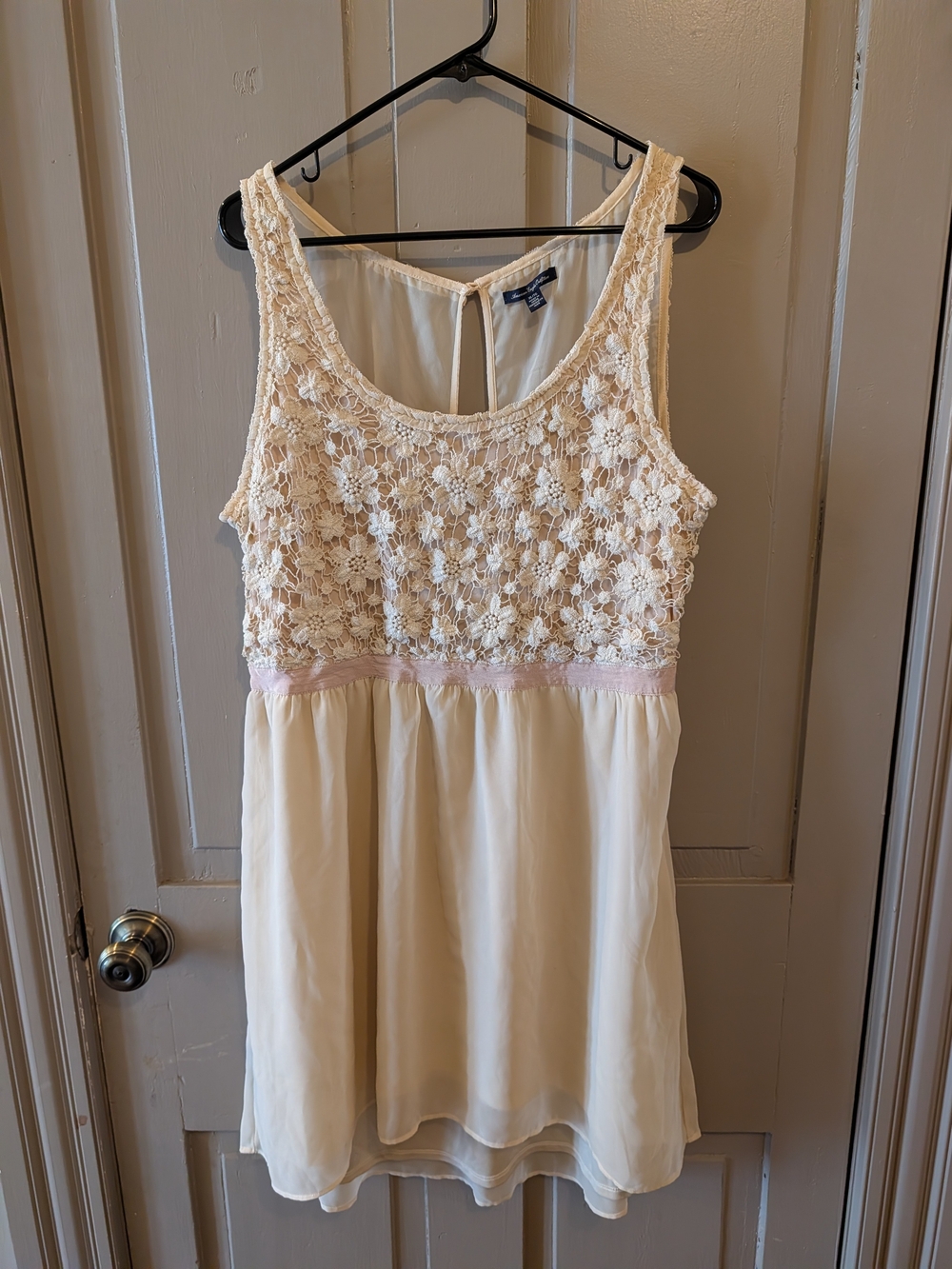American Eagle Outfitters Cream Lace Bodice Mini Dress with Pink Trim